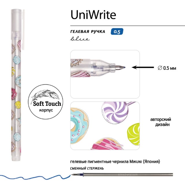 Ручка гелевая синяя BV UniWrite. Сладкое настроение 0,5мм Превью 6