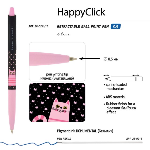 Ручка шариковая синяя BV HappyClick Розовая кошечка 0.5 Превью 3