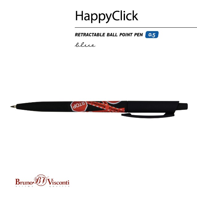 Ручка шариковая синяя BV HappyClick Keep Away Stop 0,5мм принт Превью 5