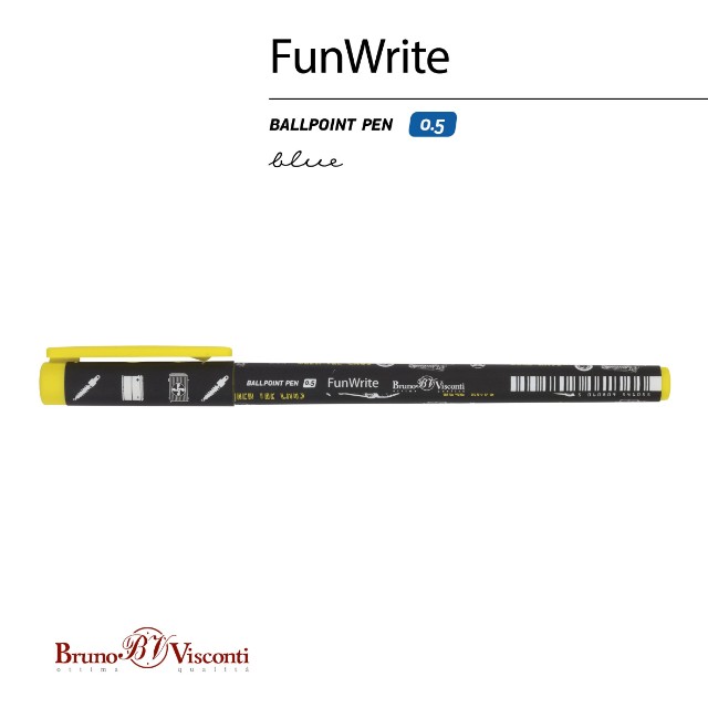 Ручка шариковая синяя BV FunWrite Машины. Цвет желтый 0.5 мм принт
