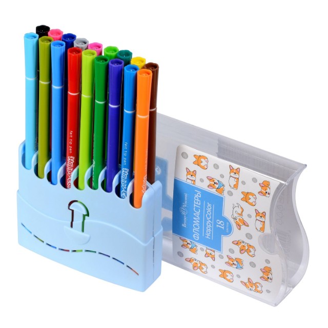 Фломастеры 18 цв BV HappyColor 2 вида в пластиковом пенале Превью 1