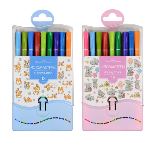 Фломастеры 18 цв BV HappyColor 2 вида в пластиковом пенале Превью 3