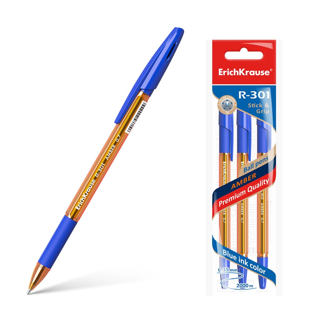 Ручка шариковая синяя EK R-301 Amber Stick&Grip оранжевый корпус Фото 0