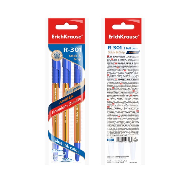 Ручка шариковая синяя EK R-301 Amber Stick&Grip оранжевый корпус Превью 2