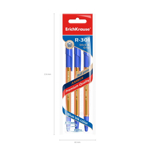Ручка шариковая синяя EK R-301 Amber Stick&Grip оранжевый корпус Превью 4