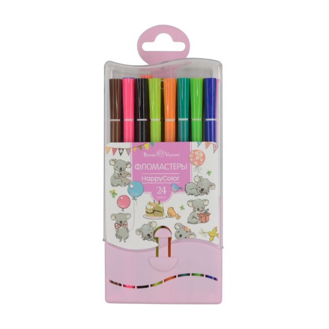 Фломастеры 24 цв BV HappyColor 2 вида в пластиковом пенале Превью 1