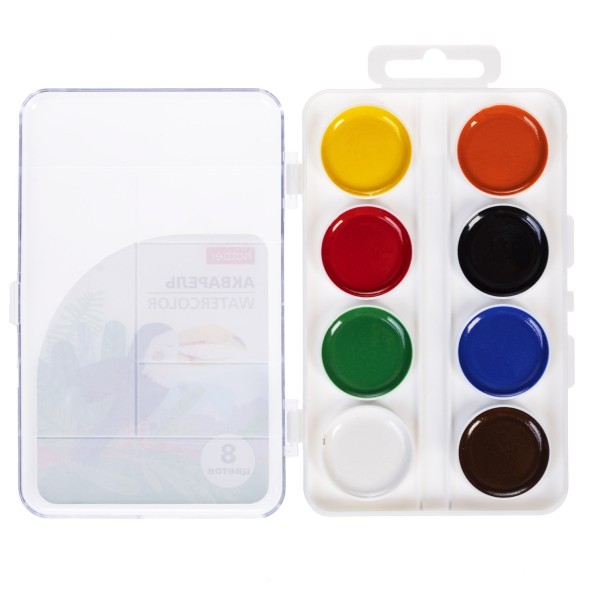 Краски Акварель медовые полусухие 8 цв. Hatber -COLORA- без кисти в пластиковом пенале Превью 1