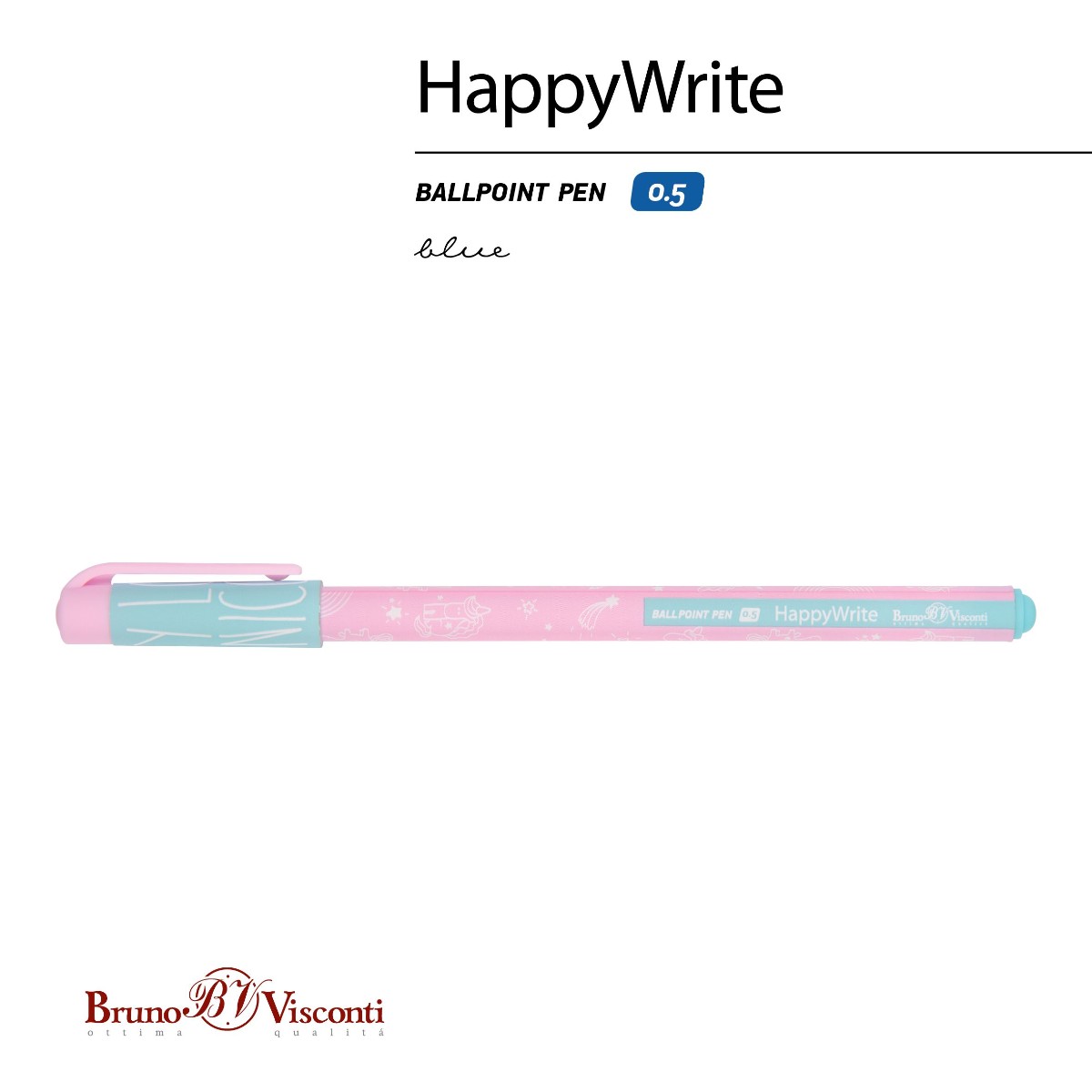 Ручка шариковая синяя BV HappyWrite Зефирные животные. Единорожки 0,5мм Фото 1