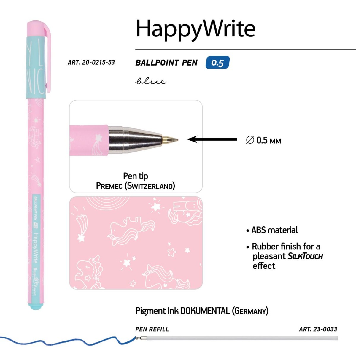 Ручка шариковая синяя BV HappyWrite Зефирные животные. Единорожки 0,5мм Фото 2