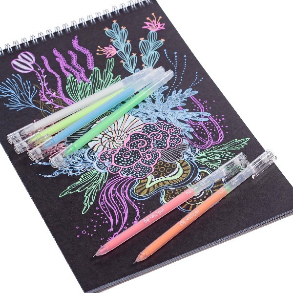 Ручки гелевые 6цв неон Hatber по черной бумаге Превью 2