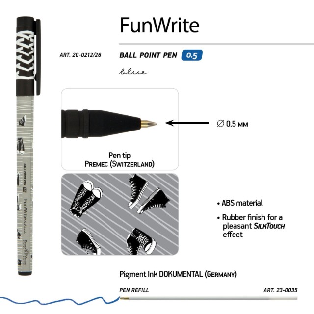 Ручка шариковая синяя BV FunWrite Кеды серые 0.5 принт Превью 2