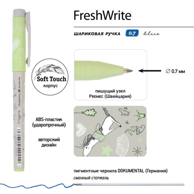 Ручка шариковая синяя BV FreshWrite Девочка и единорог. Птички принт Превью 3
