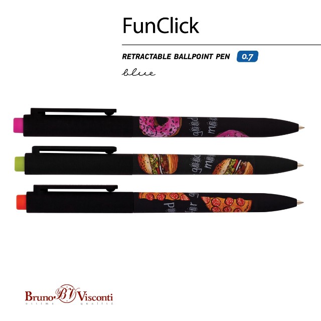 Ручка шариковая синяя BV FunClick Food in black 0,7мм принт Превью 2