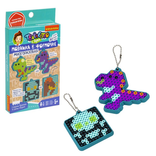 Творч Мозаика Динозавры, мамонт, череп, 2 сменные формы-брелока из силикона, 4 схемы Превью 3