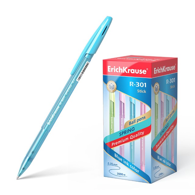 Ручка шариковая синяя EK R-301 Spring Stick полупроз. цветной корпус 0,7мм