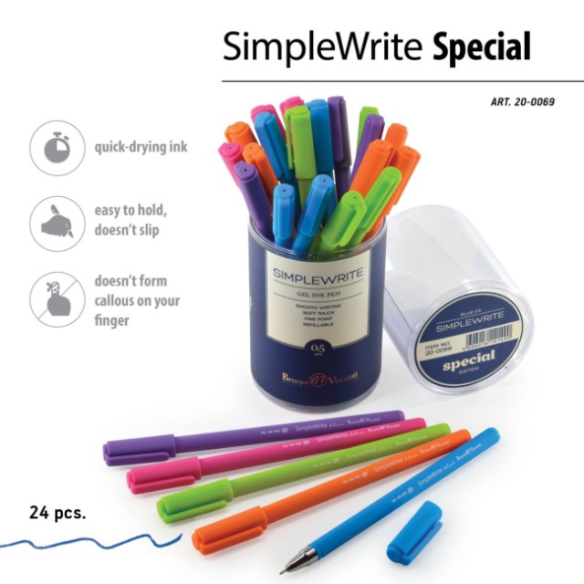 Ручка гелевая черная BV SimpleWrite 0,5мм корпус ассорти Превью 2