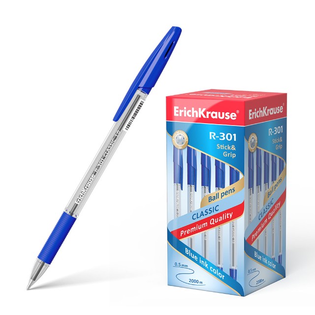 Ручка шариковая синяя EK R-301 Classic Stick&Grip прозр корпус 0,5 мм