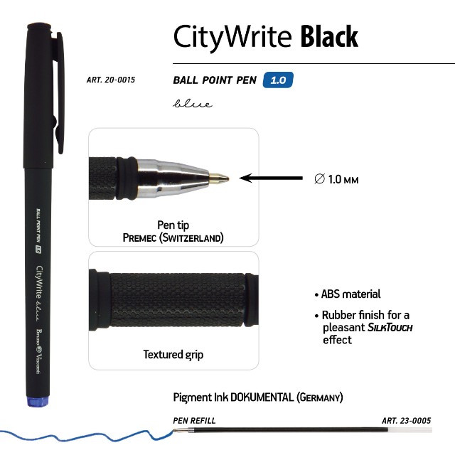 Ручка шариковая синяя BV CityWrite Black синяя 1мм черный корпус Превью 2
