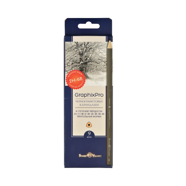 Карандаши ч/гр 9 шт разной твердости BV треугольные 2H-6B Превью 4
