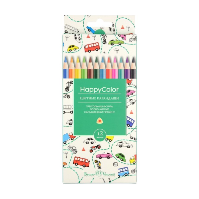Карандаши цветные 12 цв BV HappyColor треуг к/к Превью 5