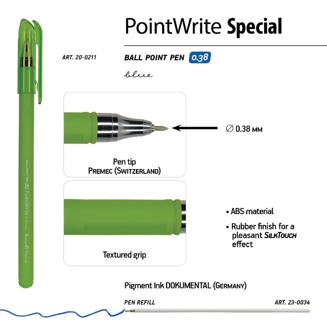 Ручка шариковая синяя BV PointWrite корпус ассорти 0.38мм Превью 3