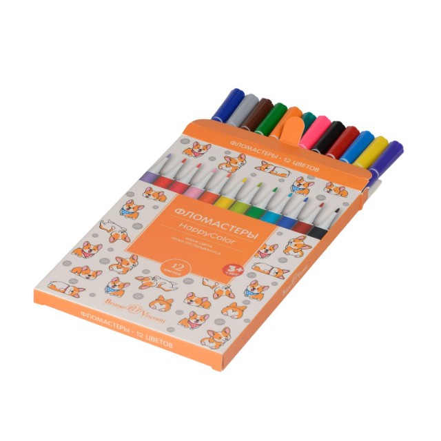 Фломастеры 12 цв BV HappyColor смываемые 4 вида к/к Превью 1