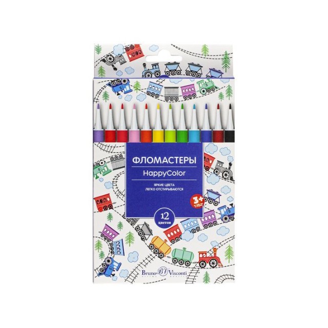 Фломастеры 12 цв BV HappyColor смываемые 4 вида к/к Превью 11