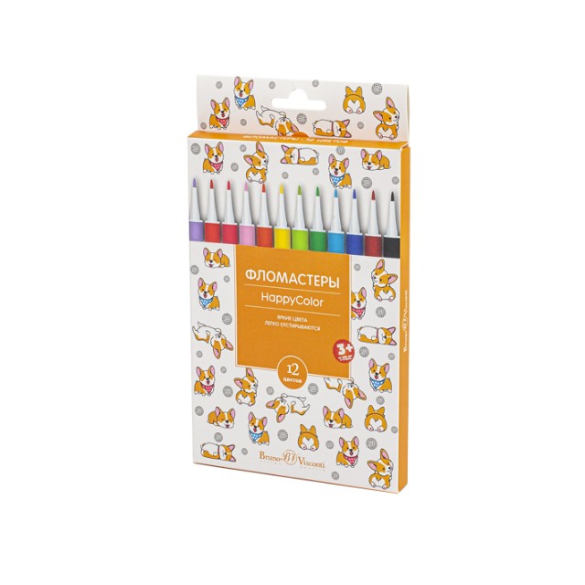 Фломастеры 12 цв BV HappyColor смываемые 4 вида к/к Превью 2