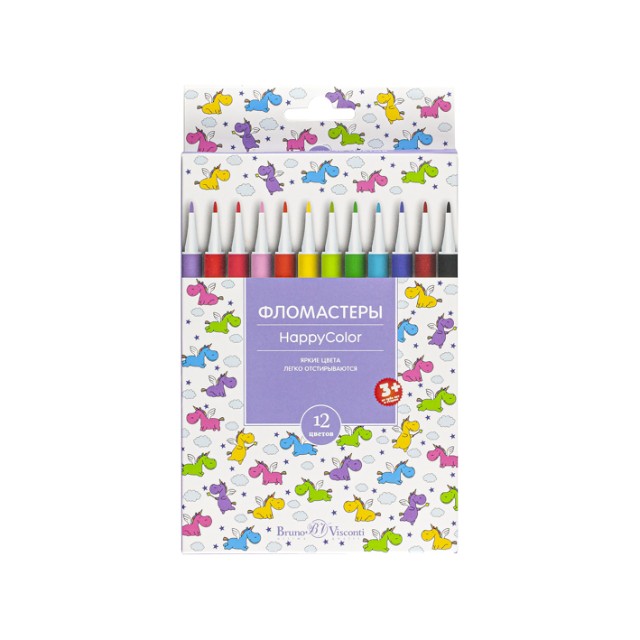 Фломастеры 12 цв BV HappyColor смываемые 4 вида к/к Превью 6