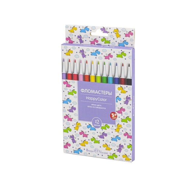 Фломастеры 12 цв BV HappyColor смываемые 4 вида к/к Превью 8