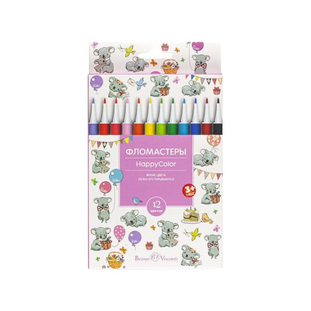 Фломастеры 12 цв BV HappyColor смываемые 4 вида к/к Превью 10