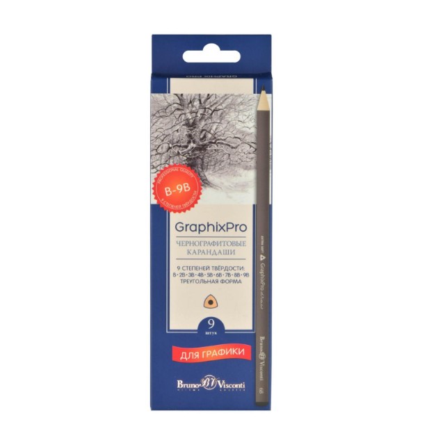 Карандаши ч/гр 9 шт разной твердости BV треугольные B-9B Превью 6