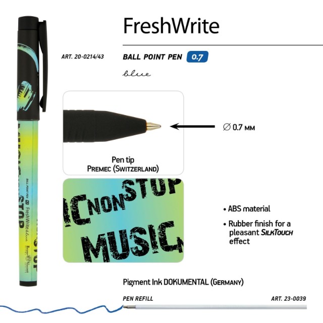Ручка шариковая синяя BV FreshWrite Music blue 0.7 принт Превью 2