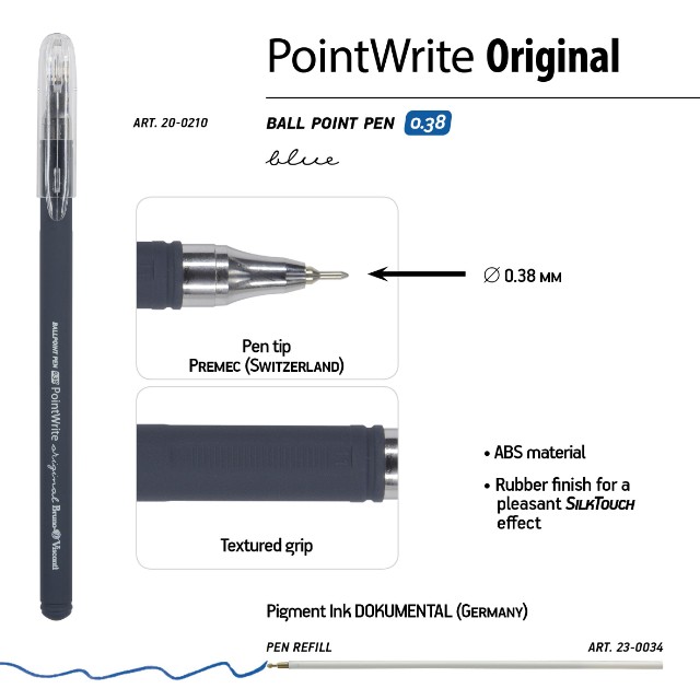 Ручка шариковая синяя BV PointWrite Original 0.38 (ассорти 3цв) Превью 7