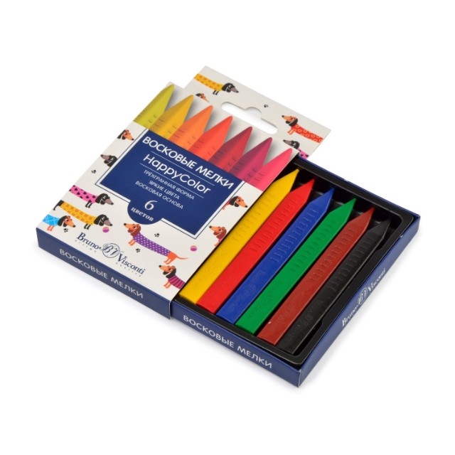 Мелки восковые 6цв BV HappyColor трехгранн Превью 3
