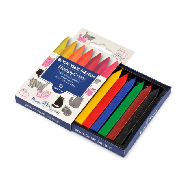 Мелки восковые 6цв BV HappyColor трехгранн Превью 6