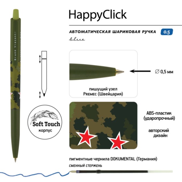 Ручка шариковая синяя BV HappyClick Милитари 0.5 Превью 9