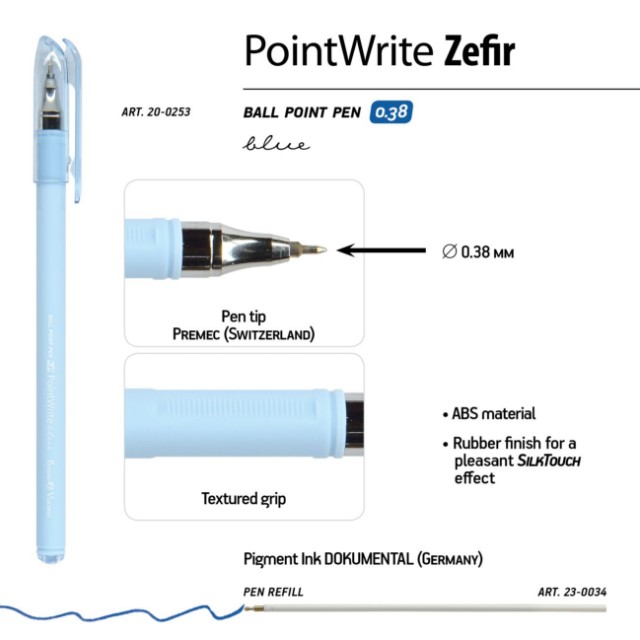 Ручка шариковая синяя BV PointWrite Zefir 0.38 корпус пастель Превью 5
