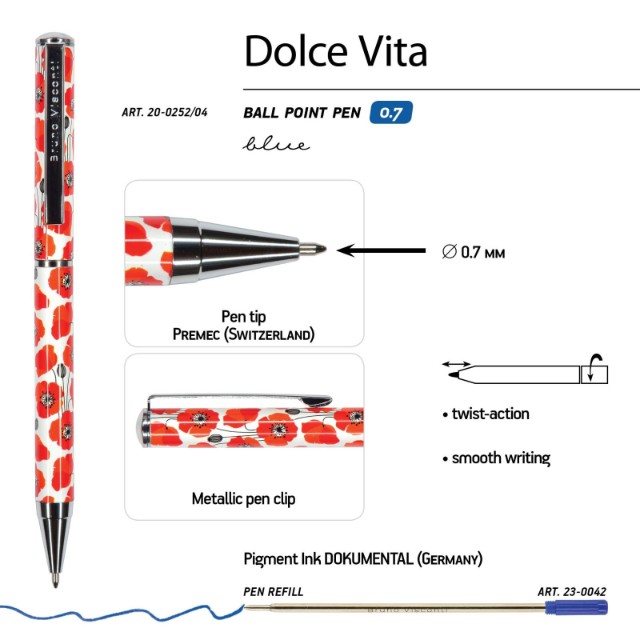 Ручка подар шар BV Dolce vita синяя 0,7мм Маки метал Превью 2