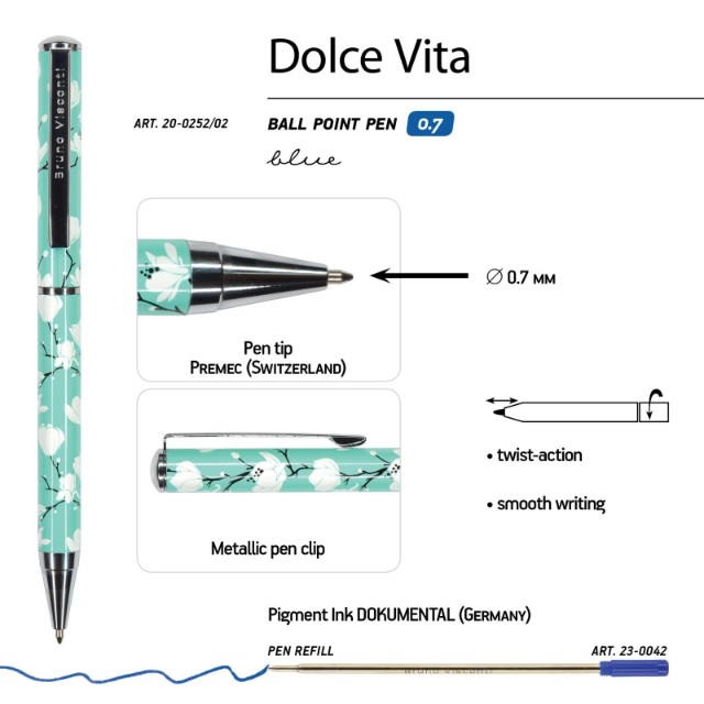 Ручка подар шар BV Dolce vita синяя 0,7мм  Камелии метал. Превью 3