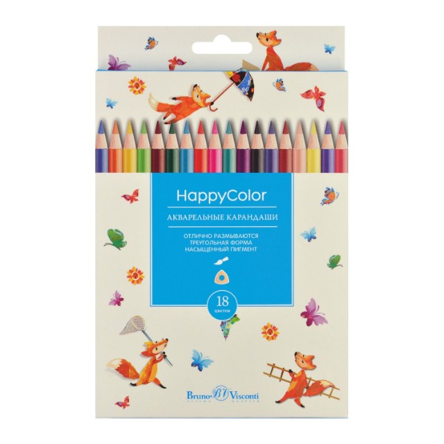 Карандаши цветные 18 цв акварел BV HappyColor Превью 6