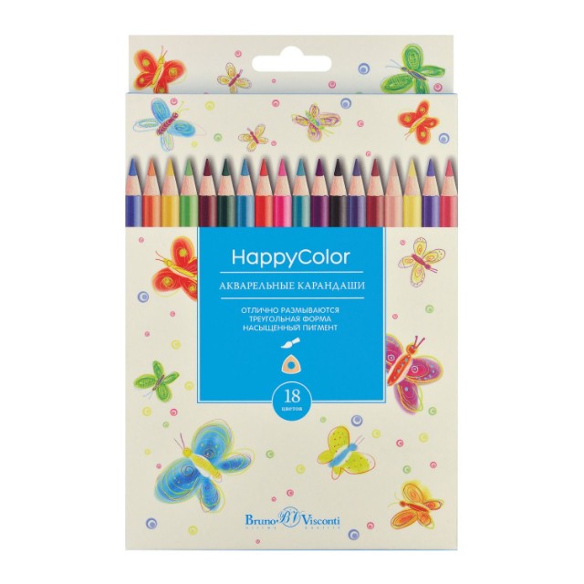 Карандаши цветные 18 цв акварел BV HappyColor Превью 2